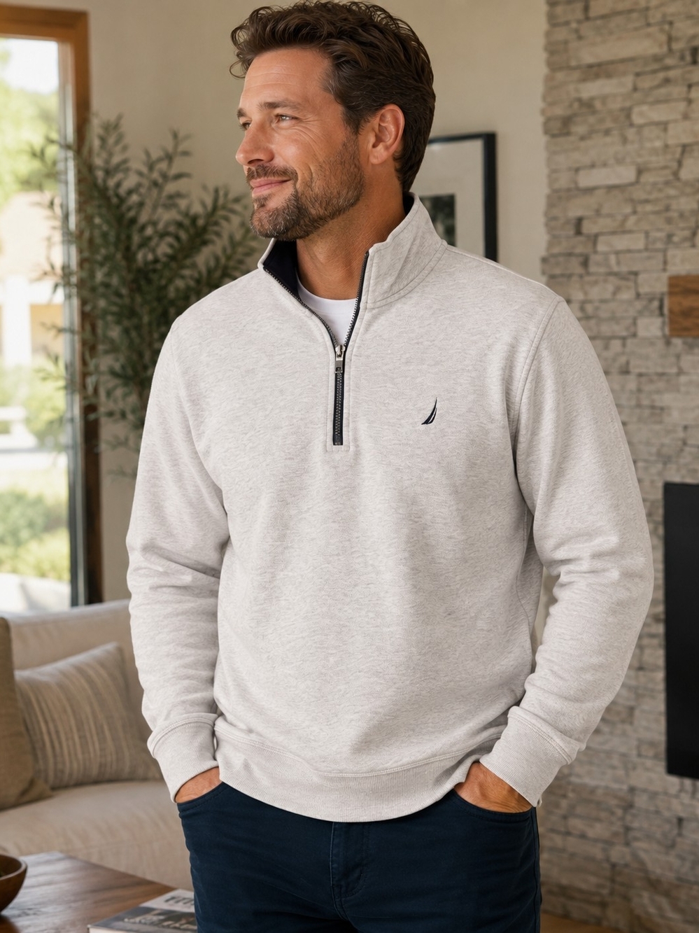Men’s Large Nautica Gray Quarter Zip Fleece Pullover Sweatshirt Classic Prepp